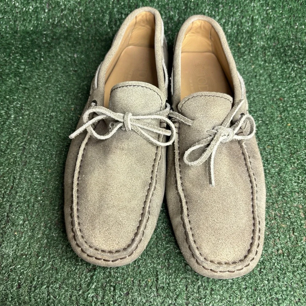 Tods Laccetto Gommino Suede Tie Driving Moccasin Loafer Pebble Sole Grey Mens 8